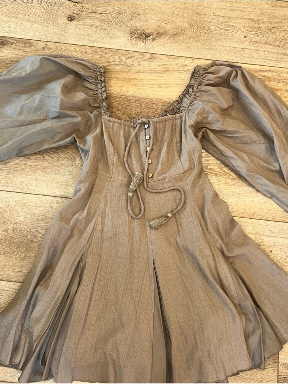 Boho Peasant Smocked Dress in Olive Taupe Balloon Sleeve Pleated Full Skirt M